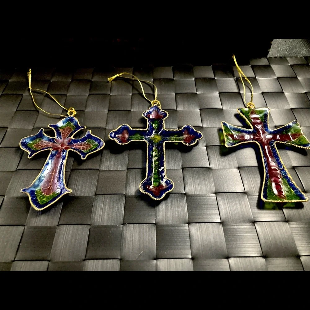 Vintage Plique a Jour CLOISONNE Enamel Stained Glass Floral Cross Ornaments